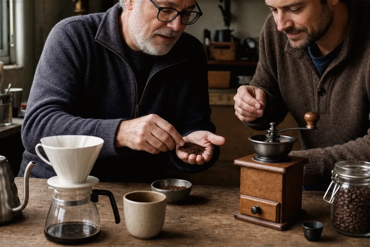 Ein älterer Kaffeeliebhaber zeigt einem jüngeren Erwachsenen gemahlenen Kaffee neben Handmühle und Filter – gezeigt für Filterkaffeemaschinen im Themenvergleich.