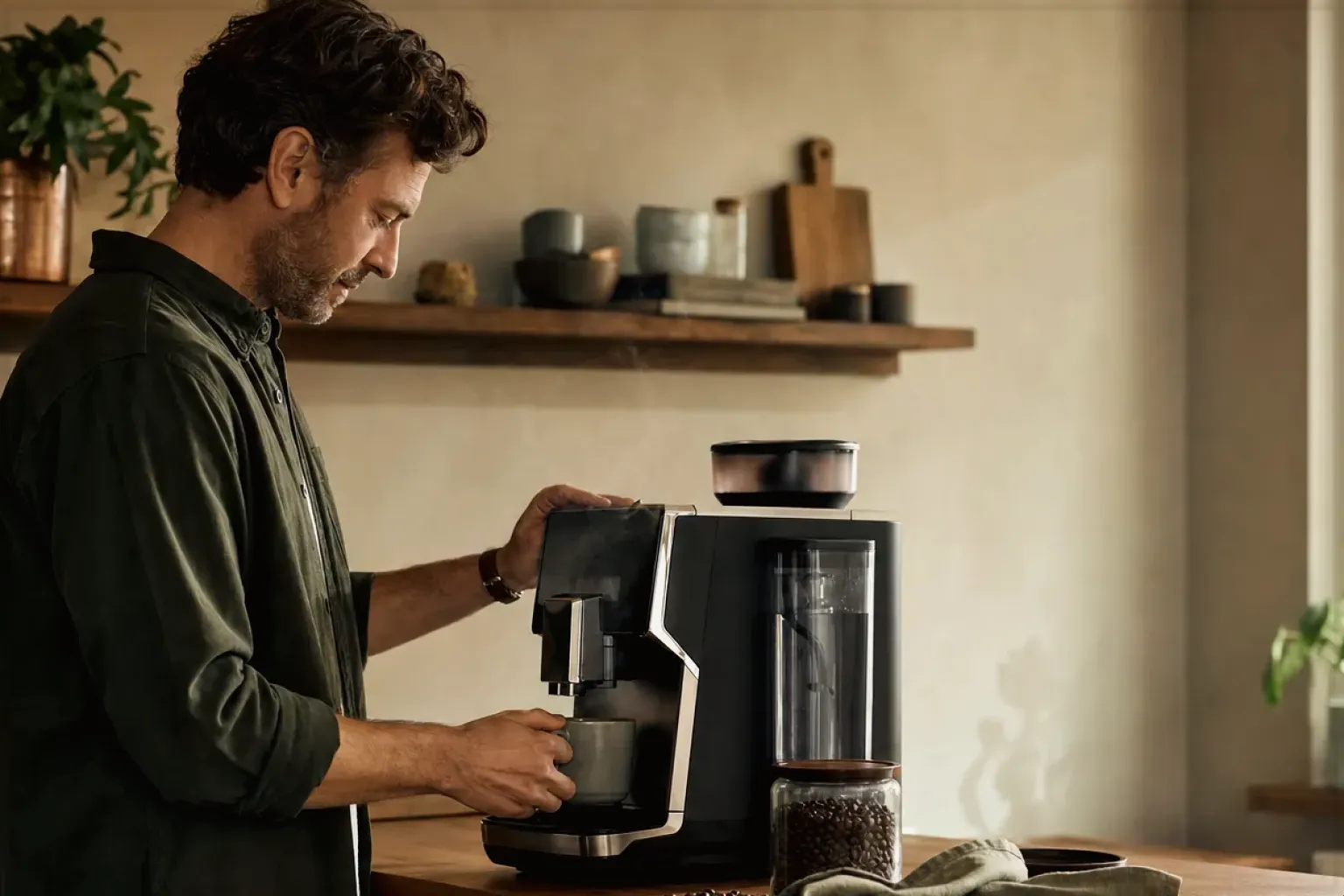 Ein Mann bereitet morgens Kaffee in seiner Küche zu – gezeigt für Filterkaffeemaschinen im Themenvergleich.