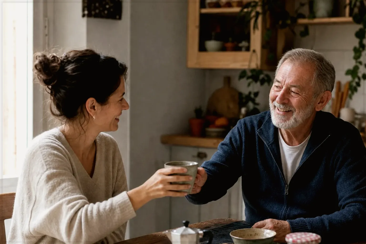 Eine erwachsene Tochter und ihr älterer Vater lachen gemeinsam beim Kaffee in ihrer Küche – gezeigt für Filterkaffeemaschinen im Themenvergleich.
