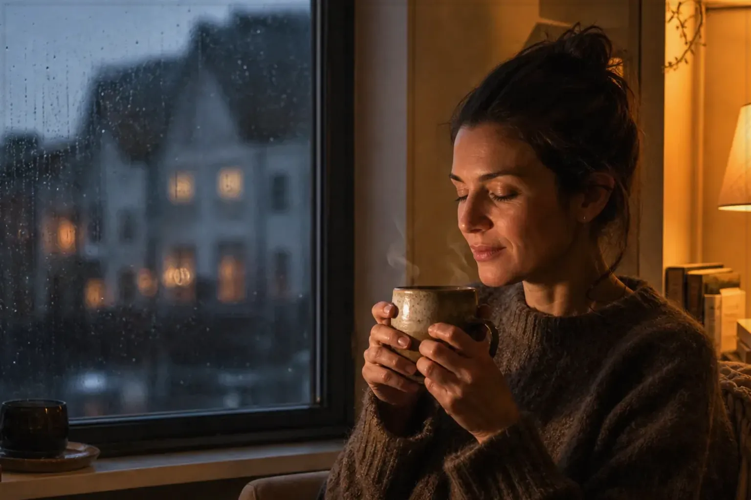 Eine Frau genießt an einem regnerischen Abend ruhig eine warme Tasse Kaffee am Fenster – gezeigt für Filterkaffeemaschinen im Themenvergleich.