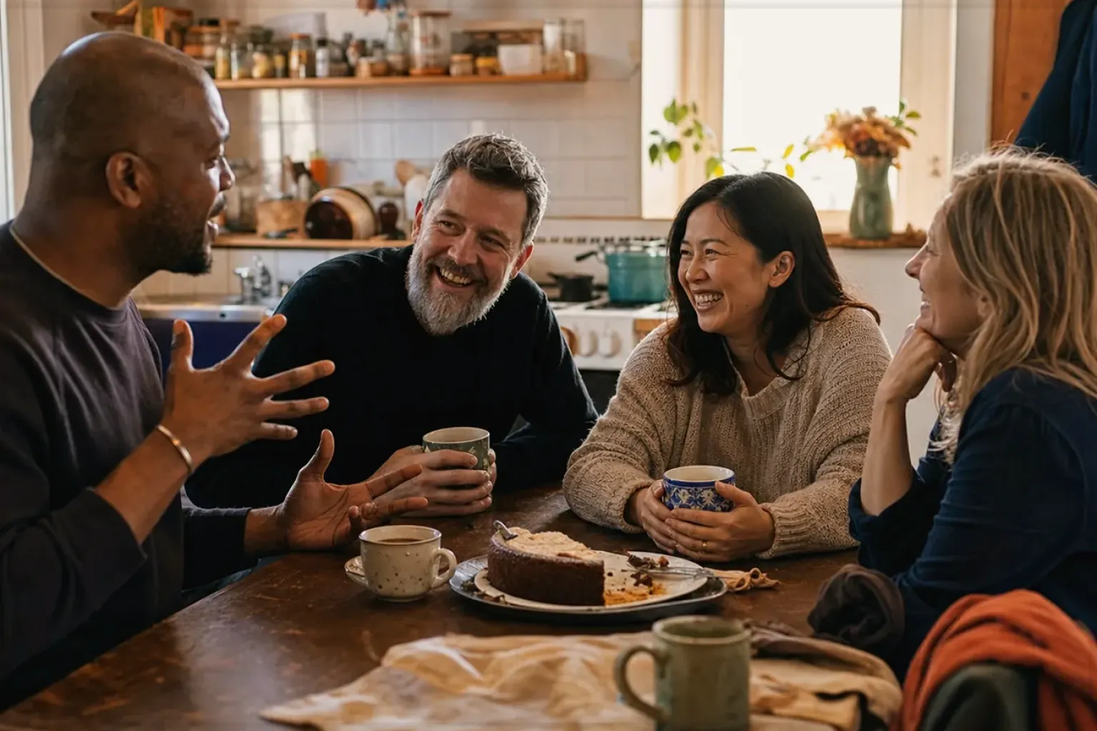 Vier erwachsene Freunde lachen gemeinsam bei Kaffee und selbst gebackenem Kuchen – gezeigt für Filterkaffeemaschinen im Themenvergleich.
