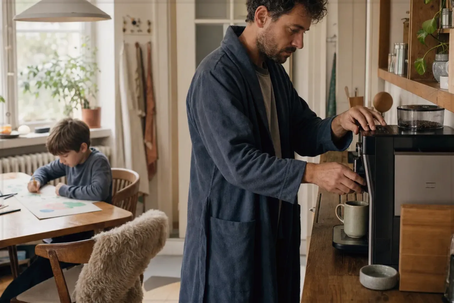 Ein Vater bereitet morgens Kaffee zu, während sein Kind am Küchentisch malt – gezeigt für Filterkaffeemaschinen im Themenvergleich.
