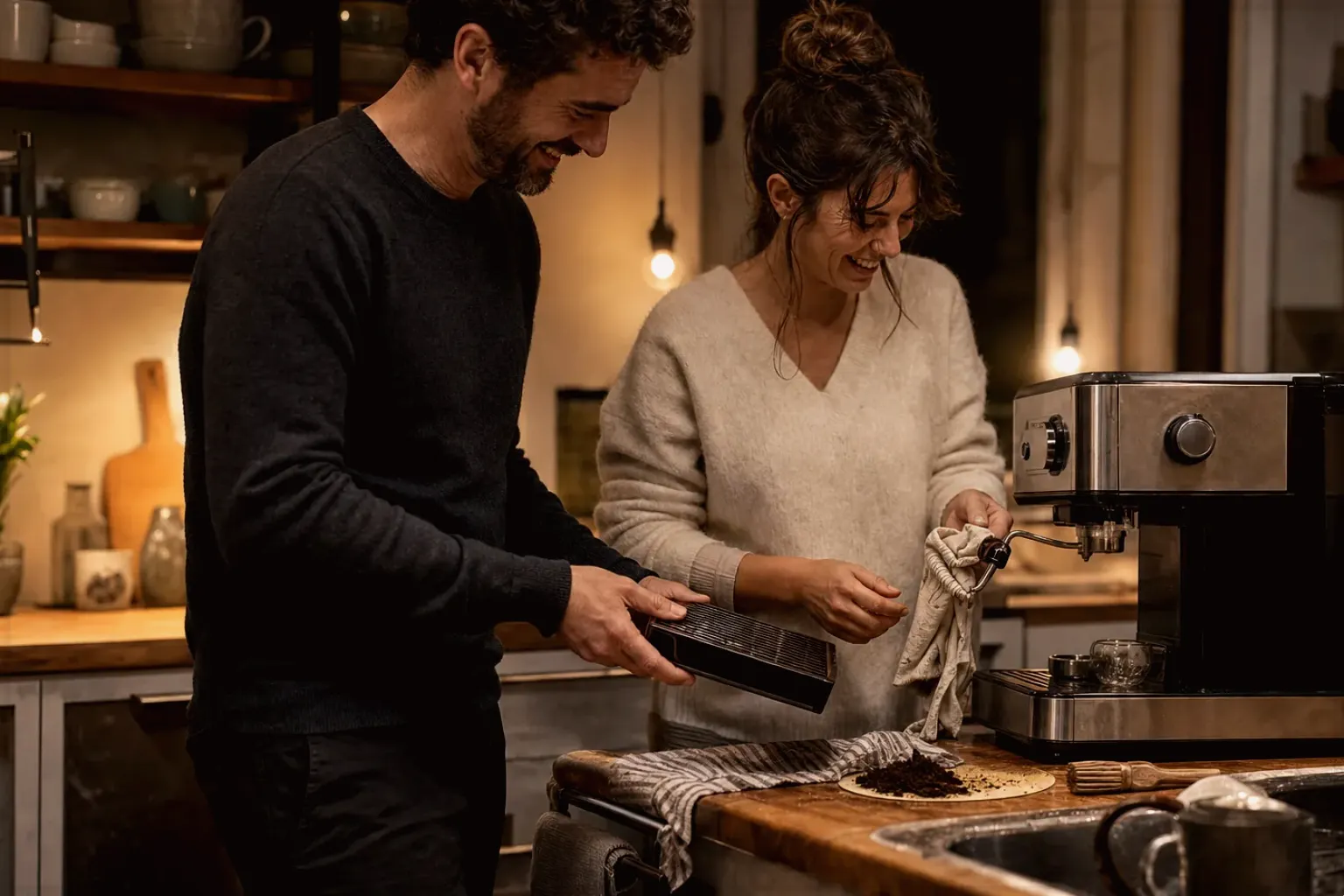 Ein Paar reinigt am Abend gemeinsam und gut gelaunt seine Espressomaschine in der Küche – gezeigt für Filterkaffeemaschinen im Themenvergleich.