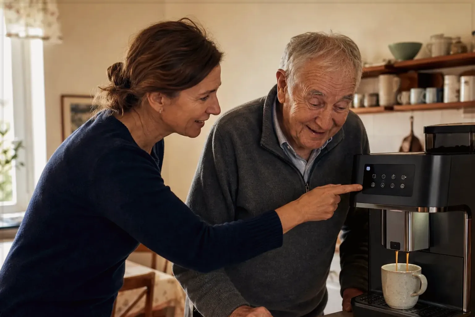 Eine erwachsene Tochter erklärt ihrem Vater verständlich die Bedienung eines Kaffeevollautomaten.