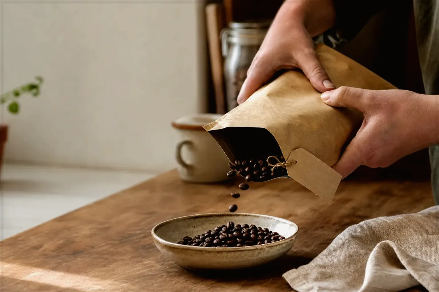 Hände füllen frisch geröstete Kaffeebohnen aus einer Papiertüte in eine Keramikschale – gezeigt für Filterkaffeemühlen im Themenvergleich.