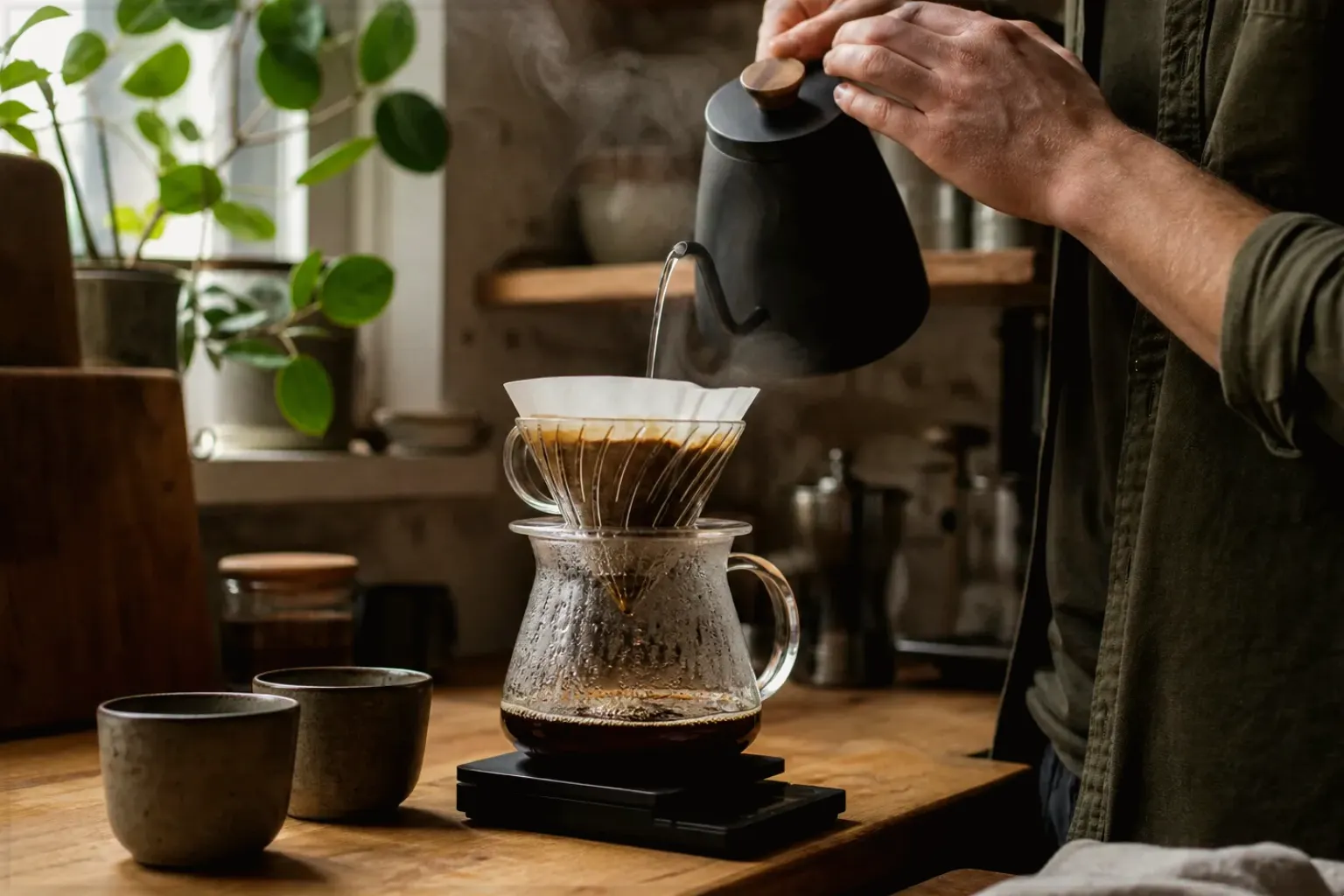 Filterkaffee wird mit einem Schwanenhalskessel von Hand in einer Küche aufgegossen – gezeigt für Filterkaffeemühlen im Themenvergleich.