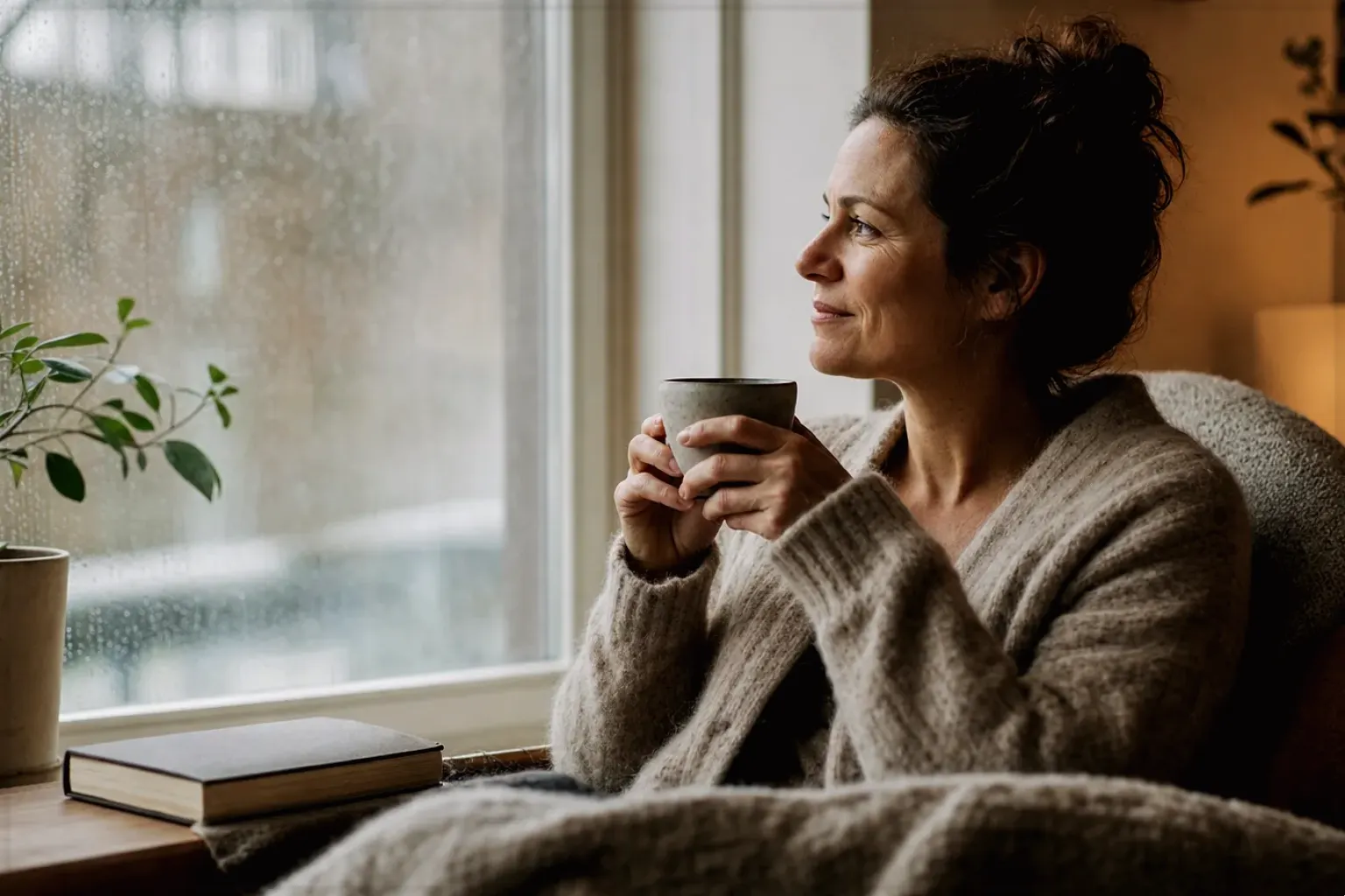 Eine Frau genießt an einem regnerischen Nachmittag ruhig eine Tasse Kaffee am Fenster – gezeigt für Filterkaffeemühlen im Themenvergleich.
