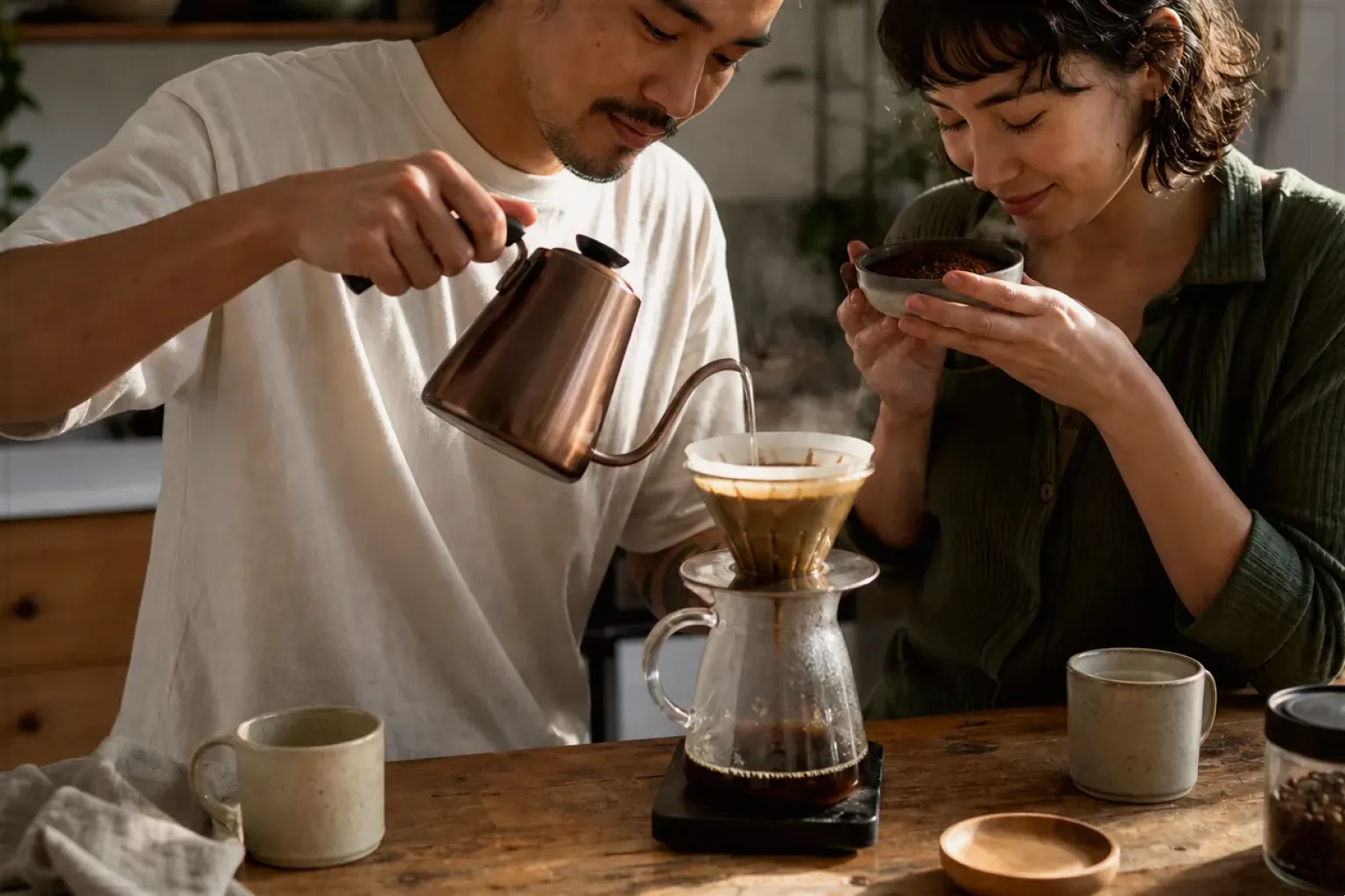 Zwei Menschen bereiten am Wochenende gemeinsam Filterkaffee mit einem Handfilter zu – gezeigt für Filterkaffeemühlen im Themenvergleich.
