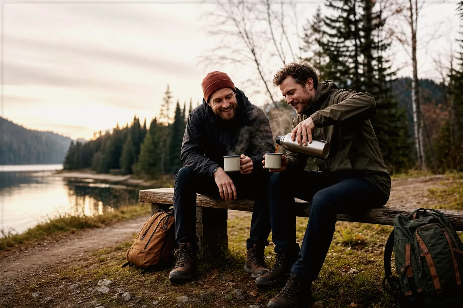 Zwei Freunde teilen auf einer Wanderung heißen Kaffee aus einer Thermoskanne am See – gezeigt für Filterkaffeemühlen im Themenvergleich.