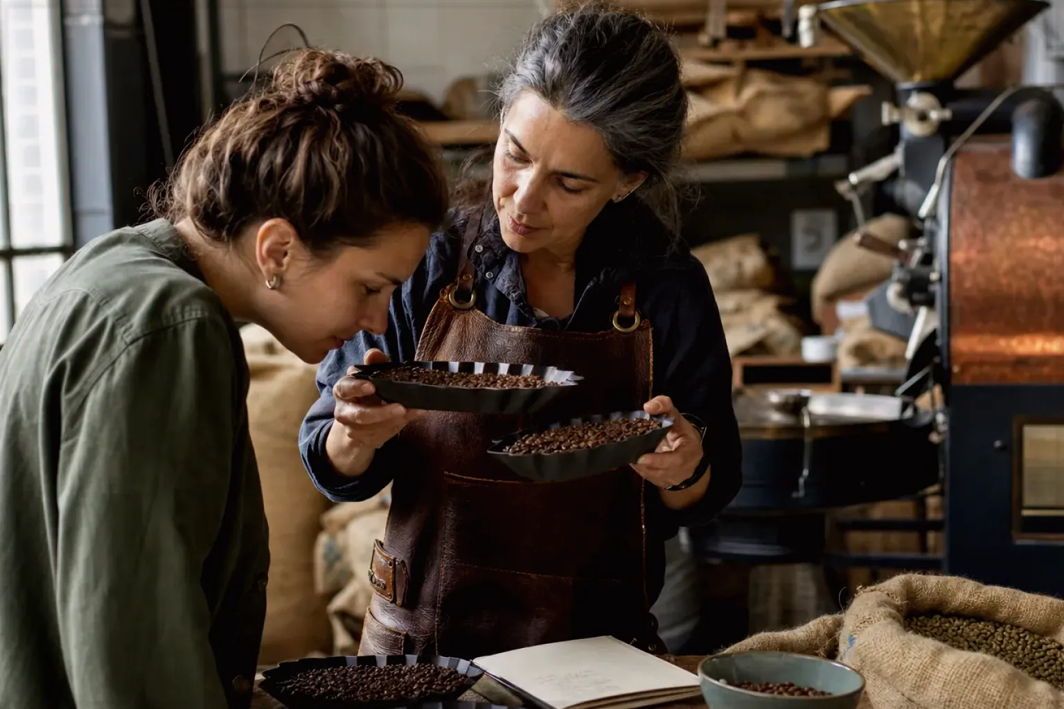 Eine Kaffeerösterin lässt eine Kundin in einer kleinen Rösterei verschiedene frisch geröstete Bohnen riechen – gezeigt für Filterkaffeemühlen im Themenvergleich.