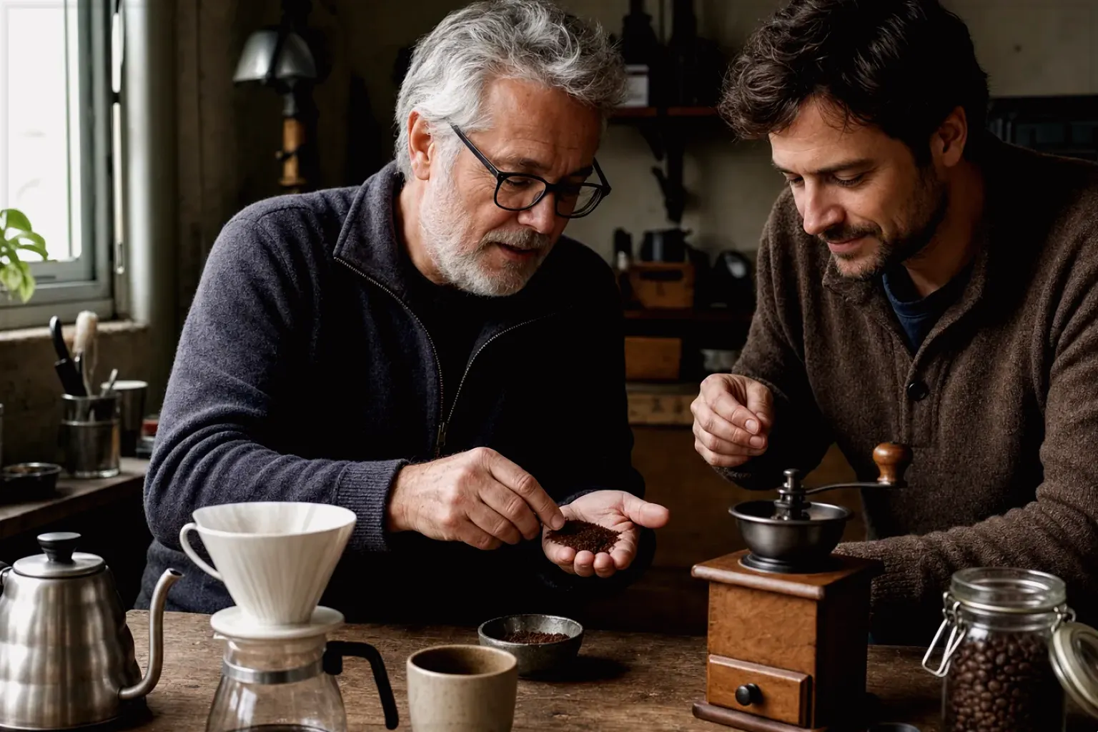 Ein älterer Kaffeeliebhaber zeigt einem jüngeren Erwachsenen gemahlenen Kaffee neben Handmühle und Filter – gezeigt für Filterkaffeemühlen im Themenvergleich.