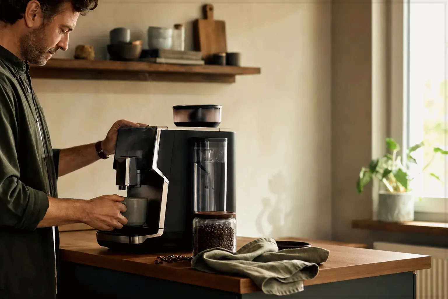 Ein Mann bereitet morgens Kaffee in seiner Küche zu – gezeigt für Filterkaffeemühlen im Themenvergleich.