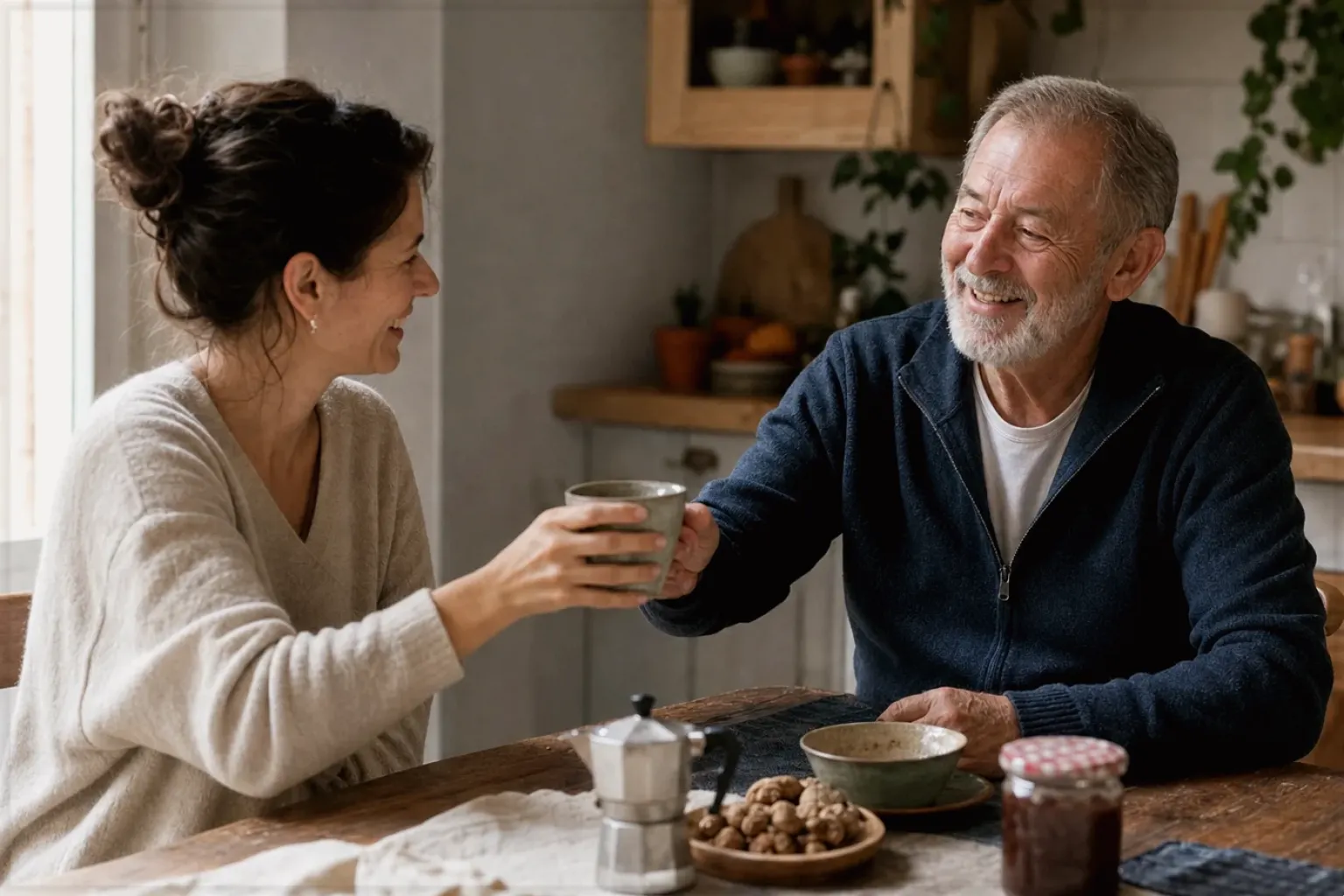 Eine erwachsene Tochter und ihr älterer Vater lachen gemeinsam beim Kaffee in ihrer Küche – gezeigt für Filterkaffeemühlen im Themenvergleich.