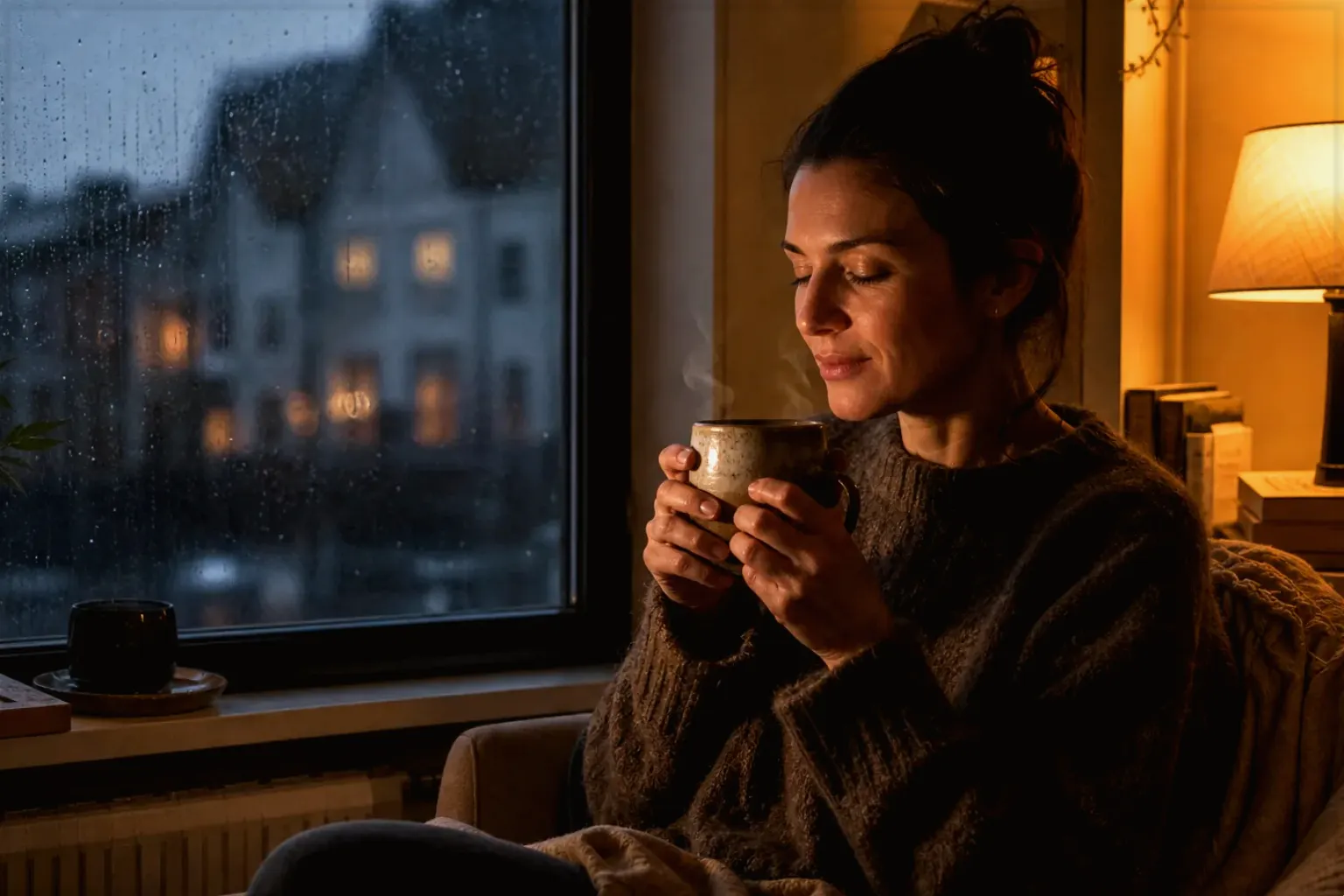Eine Frau genießt an einem regnerischen Abend ruhig eine warme Tasse Kaffee am Fenster – gezeigt für Filterkaffeemühlen im Themenvergleich.