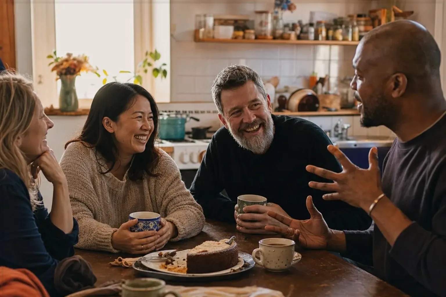 Vier erwachsene Freunde lachen gemeinsam bei Kaffee und selbst gebackenem Kuchen – gezeigt für Filterkaffeemühlen im Themenvergleich.