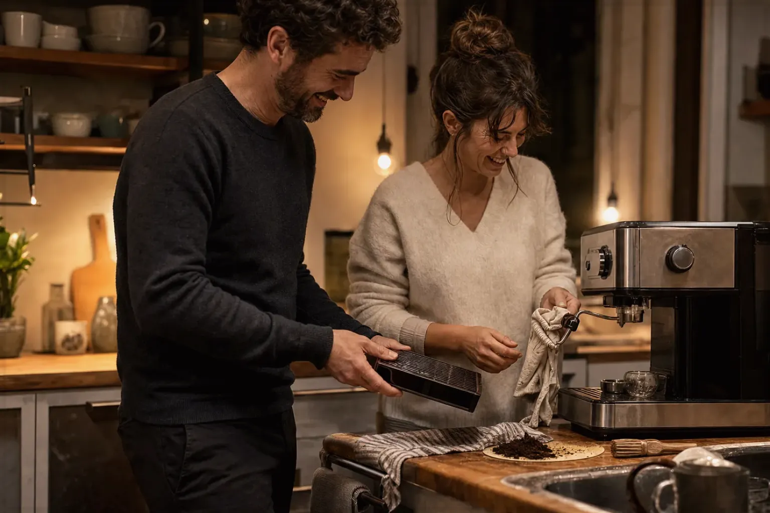 Ein Paar reinigt am Abend gemeinsam und gut gelaunt seine Espressomaschine in der Küche – gezeigt für Filterkaffeemühlen im Themenvergleich.