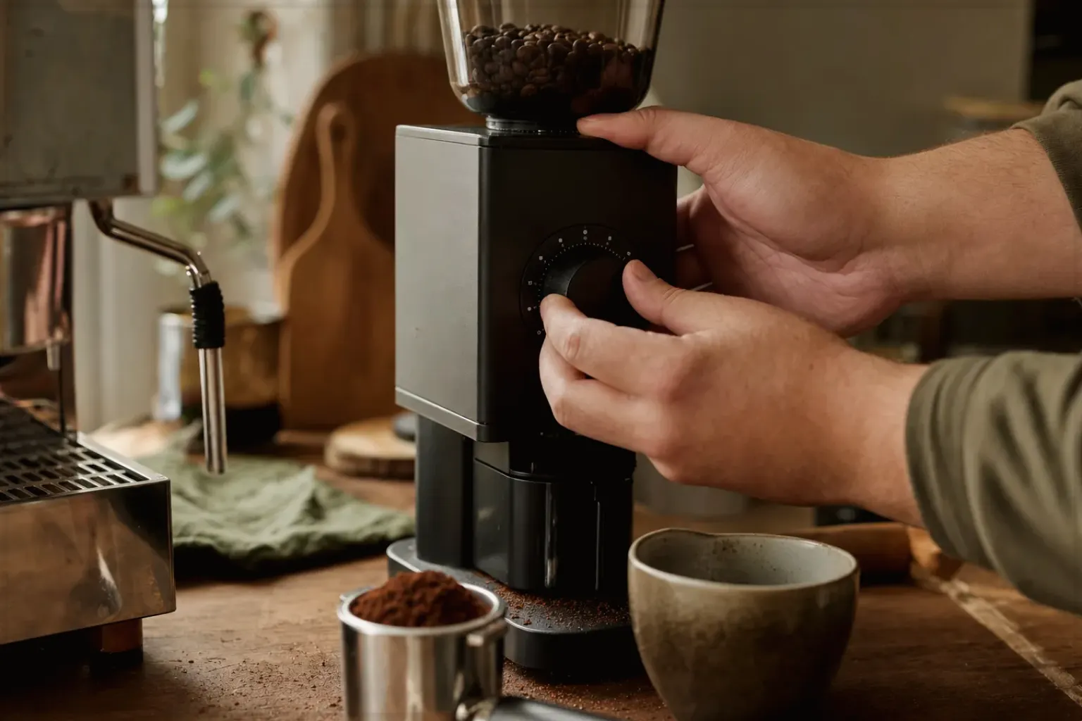 Zwei Hände stellen den Mahlgrad an einer Kaffeemühle präzise ein.