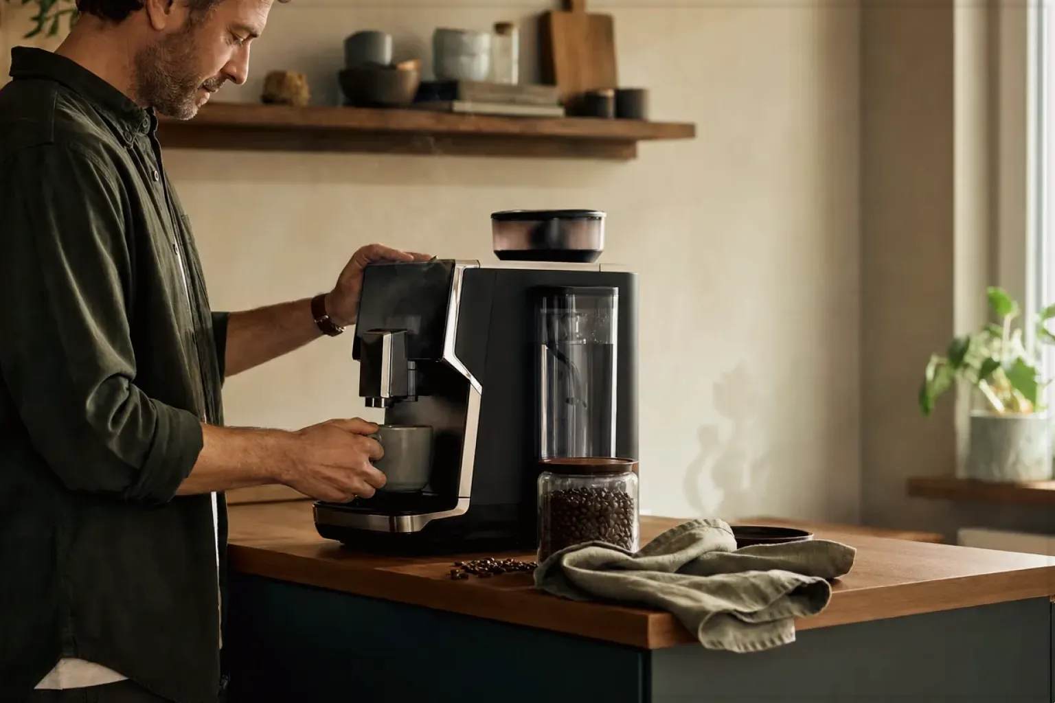 Ein Mann bereitet morgens Kaffee an einem Vollautomaten in seiner Küche zu – gezeigt für French Press im Themenvergleich.