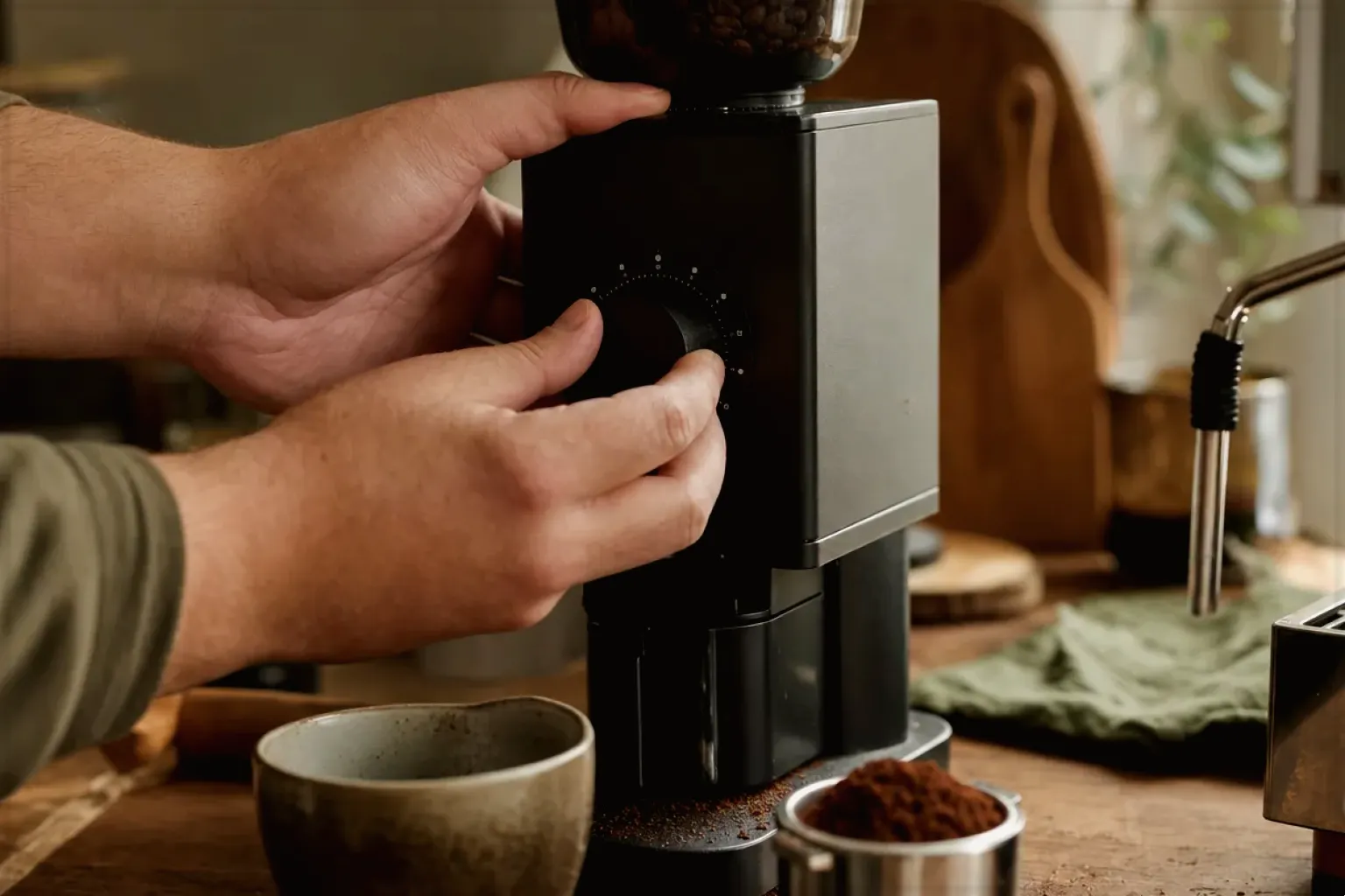 Zwei Hände stellen den Mahlgrad an einer Kaffeemühle neben einer Espressomaschine ein – gezeigt für French Press im Themenvergleich.