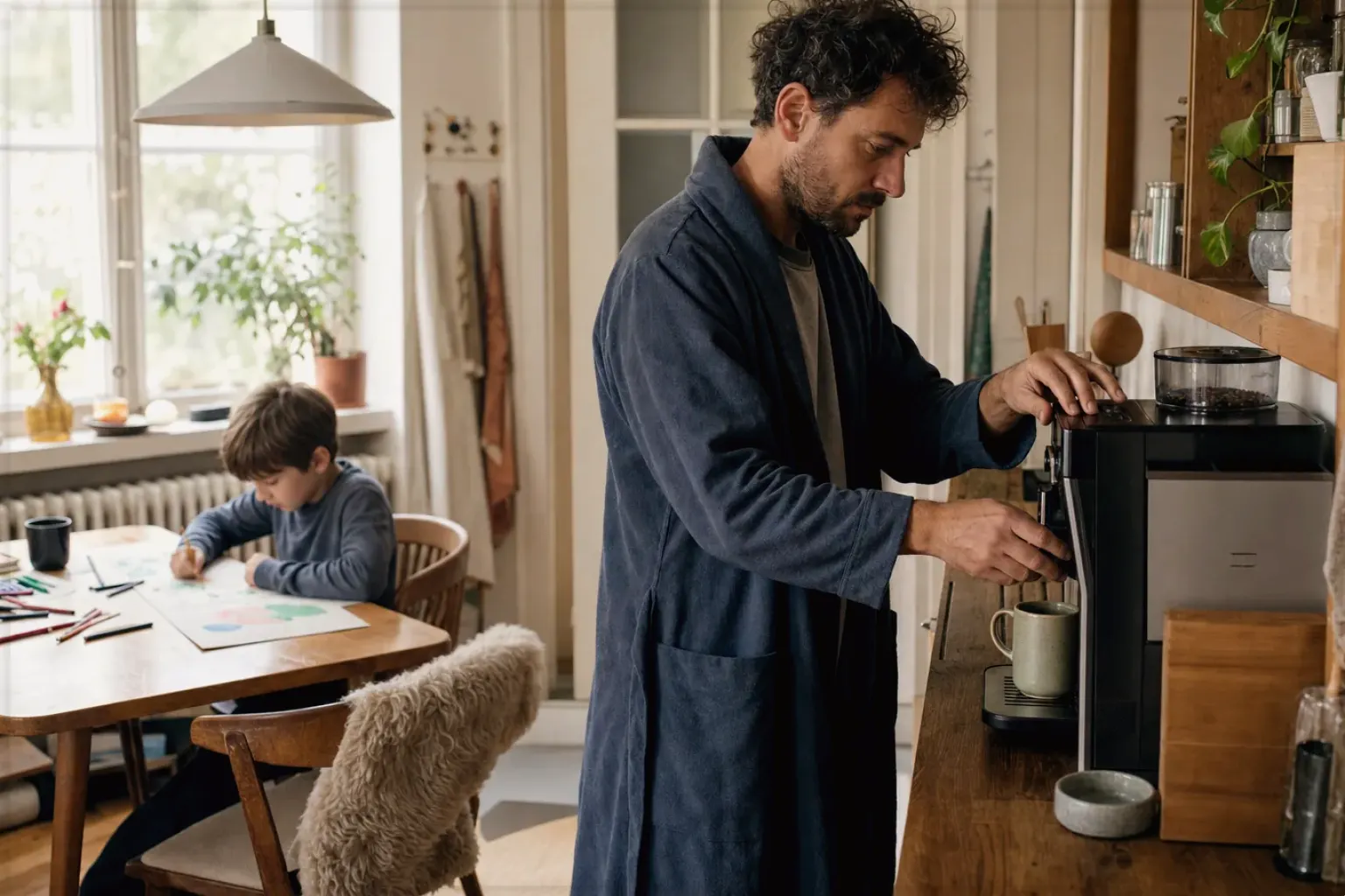 Ein Vater bereitet morgens Kaffee am Vollautomaten zu, während sein Kind am Küchentisch malt – gezeigt für French Press im Themenvergleich.