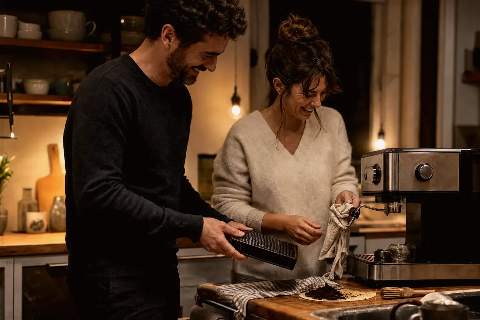 Ein Paar reinigt am Abend gemeinsam und gut gelaunt seine Espressomaschine in der Küche – gezeigt für French Press im Themenvergleich.