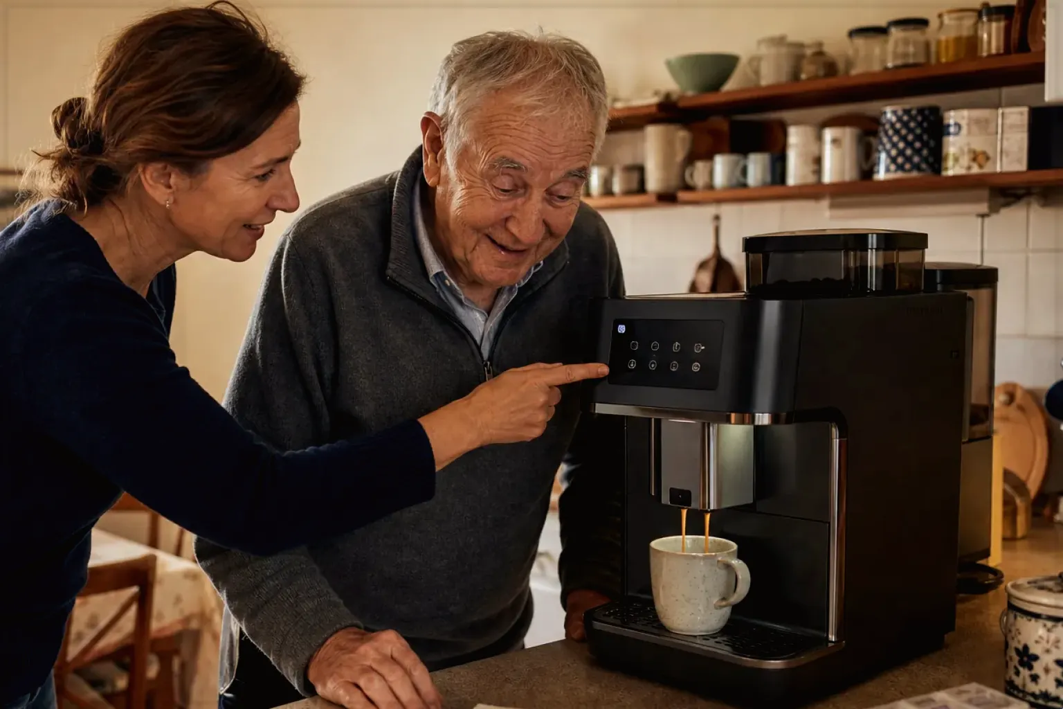 Eine erwachsene Tochter erklärt ihrem älteren Vater in seiner Küche einen Kaffeevollautomaten – gezeigt für French Press im Themenvergleich.