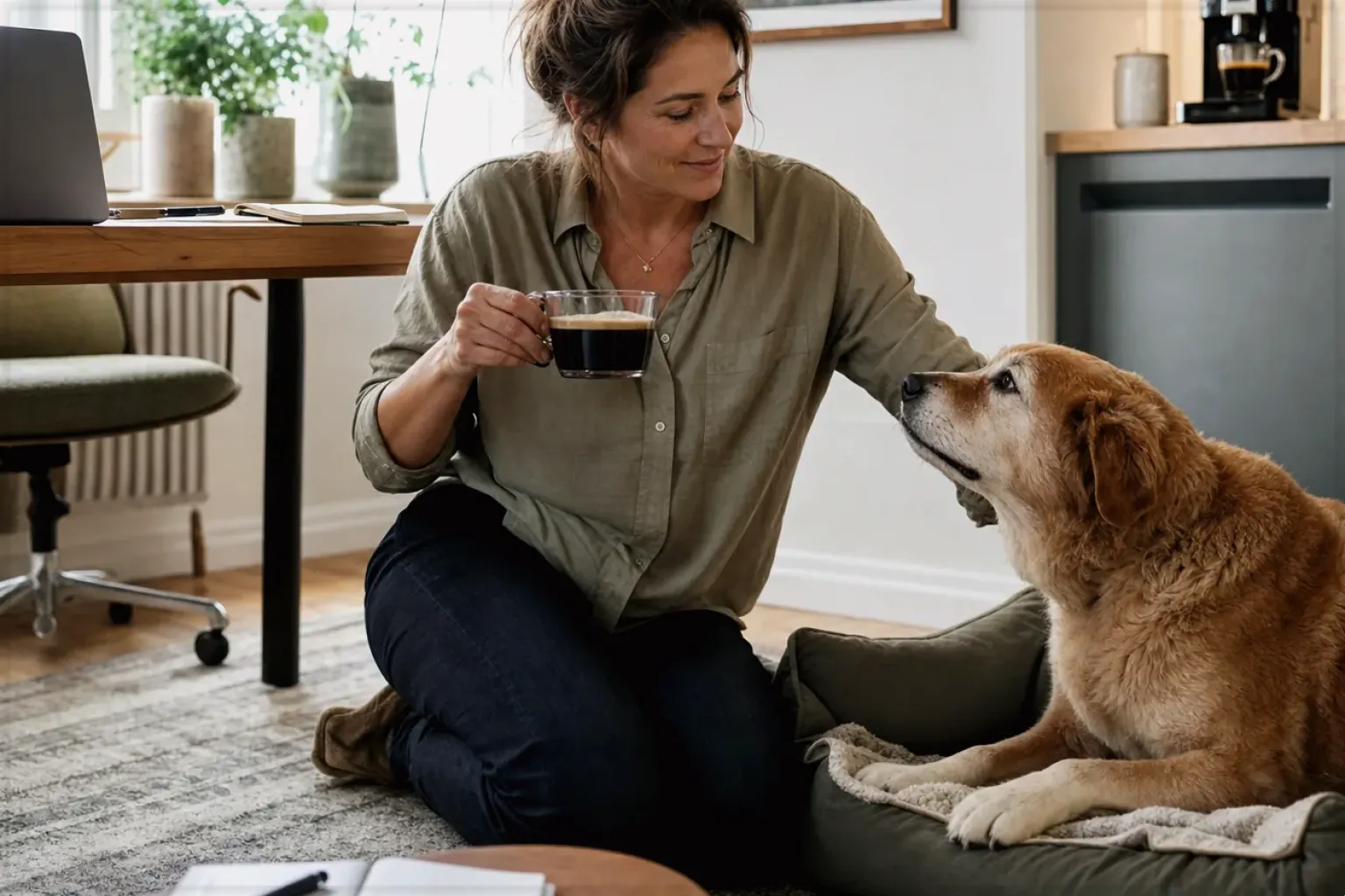 Eine Frau genießt im Homeoffice eine Kaffeepause bei ihrem älteren Hund – gezeigt für French Press im Themenvergleich.