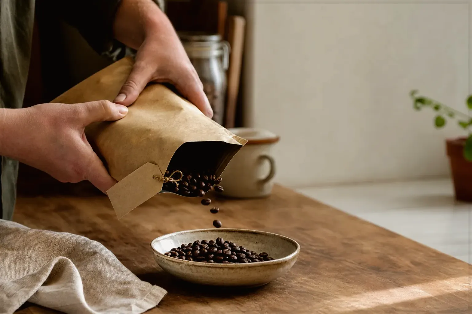Hände füllen frisch geröstete Kaffeebohnen aus einer Papiertüte in eine Keramikschale – gezeigt für French Press im Themenvergleich.