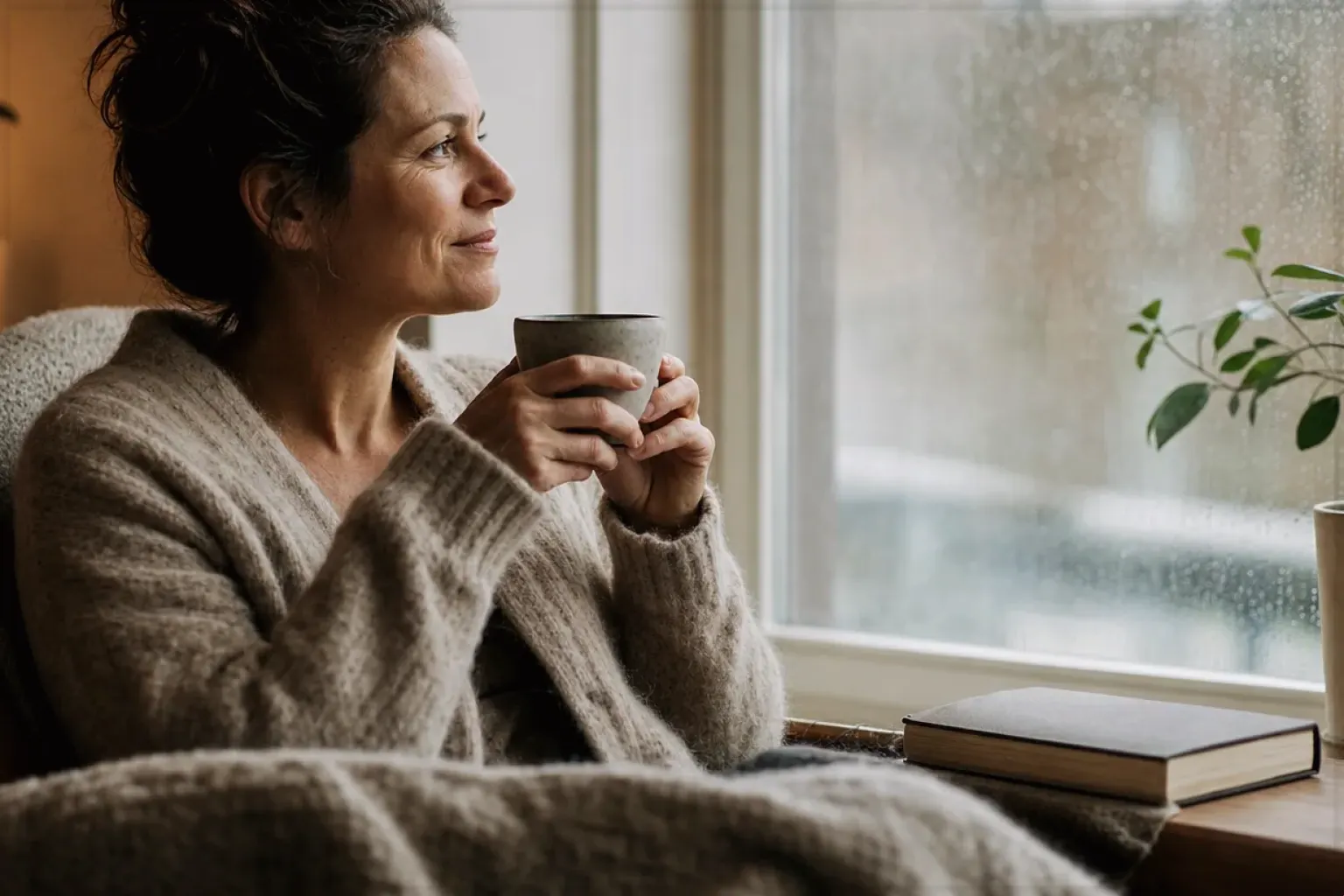 Eine Frau genießt an einem regnerischen Nachmittag ruhig eine Tasse Kaffee am Fenster – gezeigt für French Press im Themenvergleich.