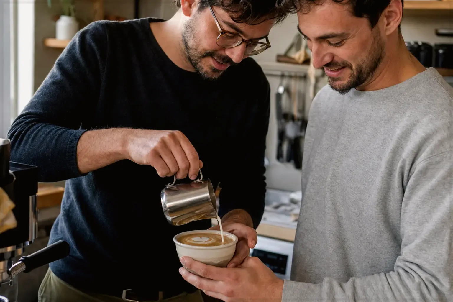 Zwei Freunde freuen sich in einer kleinen Küche über ihre gemeinsam gegossene Latte Art – gezeigt für French Press im Themenvergleich.