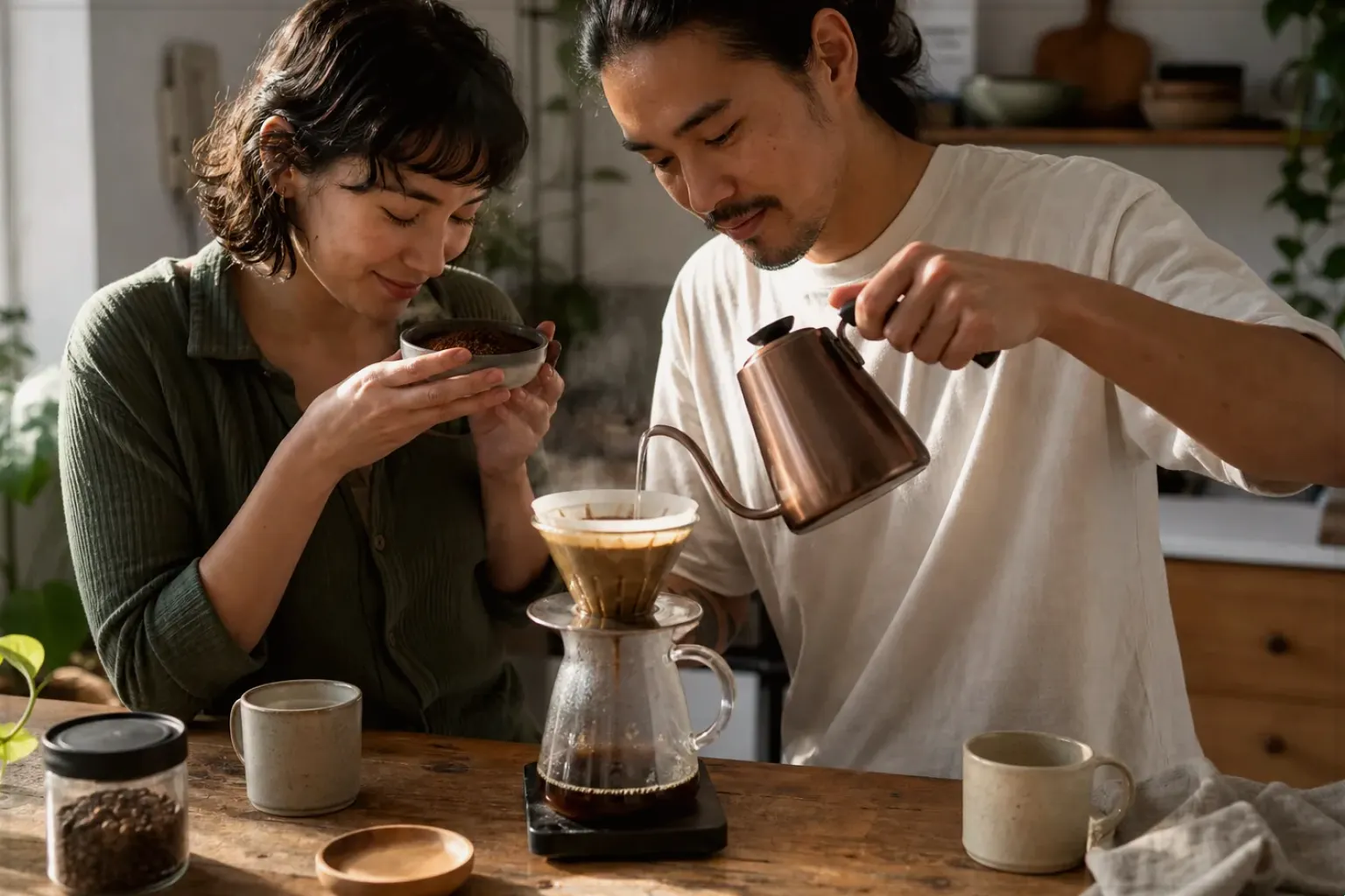Zwei Menschen bereiten am Wochenende gemeinsam Filterkaffee mit einem Handfilter zu – gezeigt für French Press im Themenvergleich.