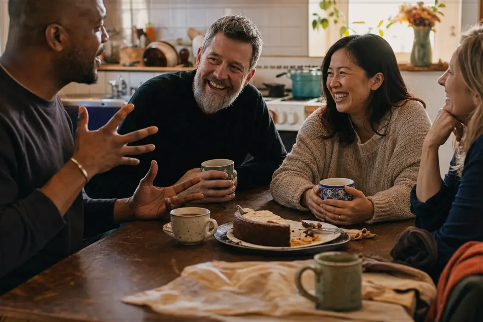 Vier erwachsene Freunde lachen gemeinsam bei Kaffee und selbst gebackenem Kuchen – gezeigt für French Press im Themenvergleich.