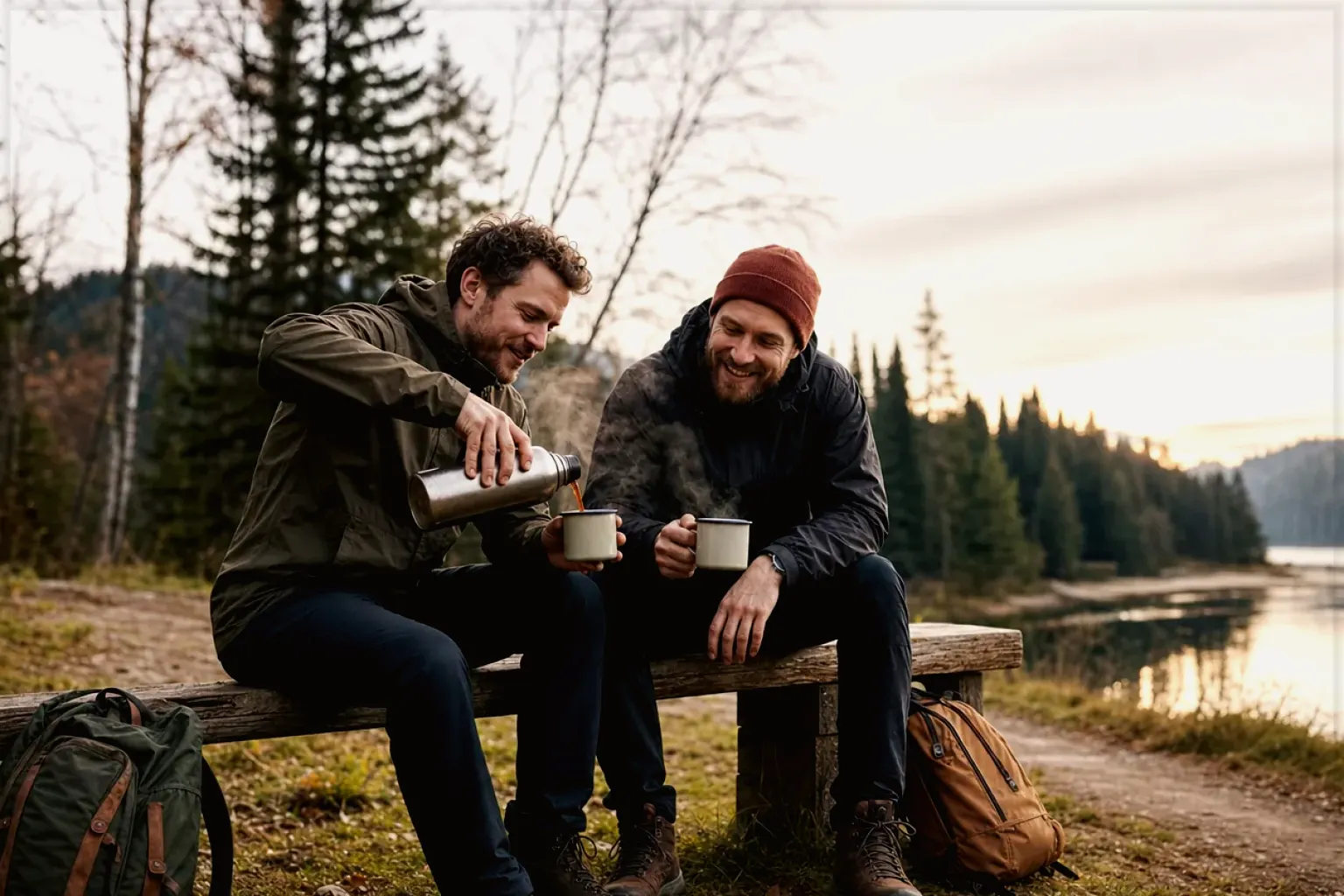 Zwei Freunde teilen auf einer Wanderung heißen Kaffee aus einer Thermoskanne am See – gezeigt für French Press im Themenvergleich.