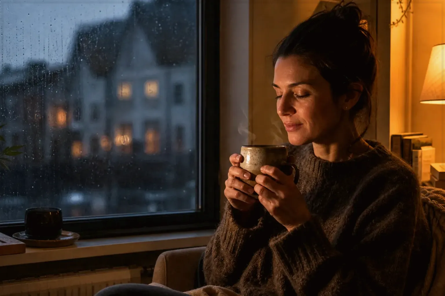 Eine Frau genießt an einem regnerischen Abend ruhig eine warme Tasse Kaffee am Fenster – gezeigt für French Press im Themenvergleich.