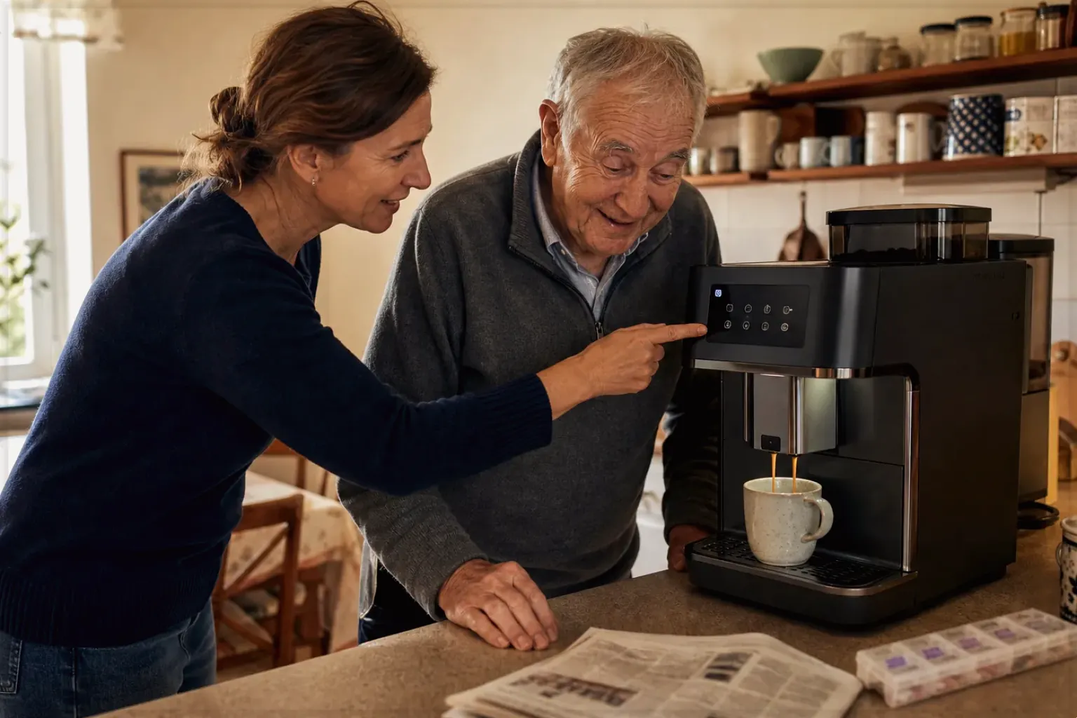 Eine erwachsene Tochter erklärt ihrem Vater verständlich die Bedienung eines Kaffeevollautomaten.