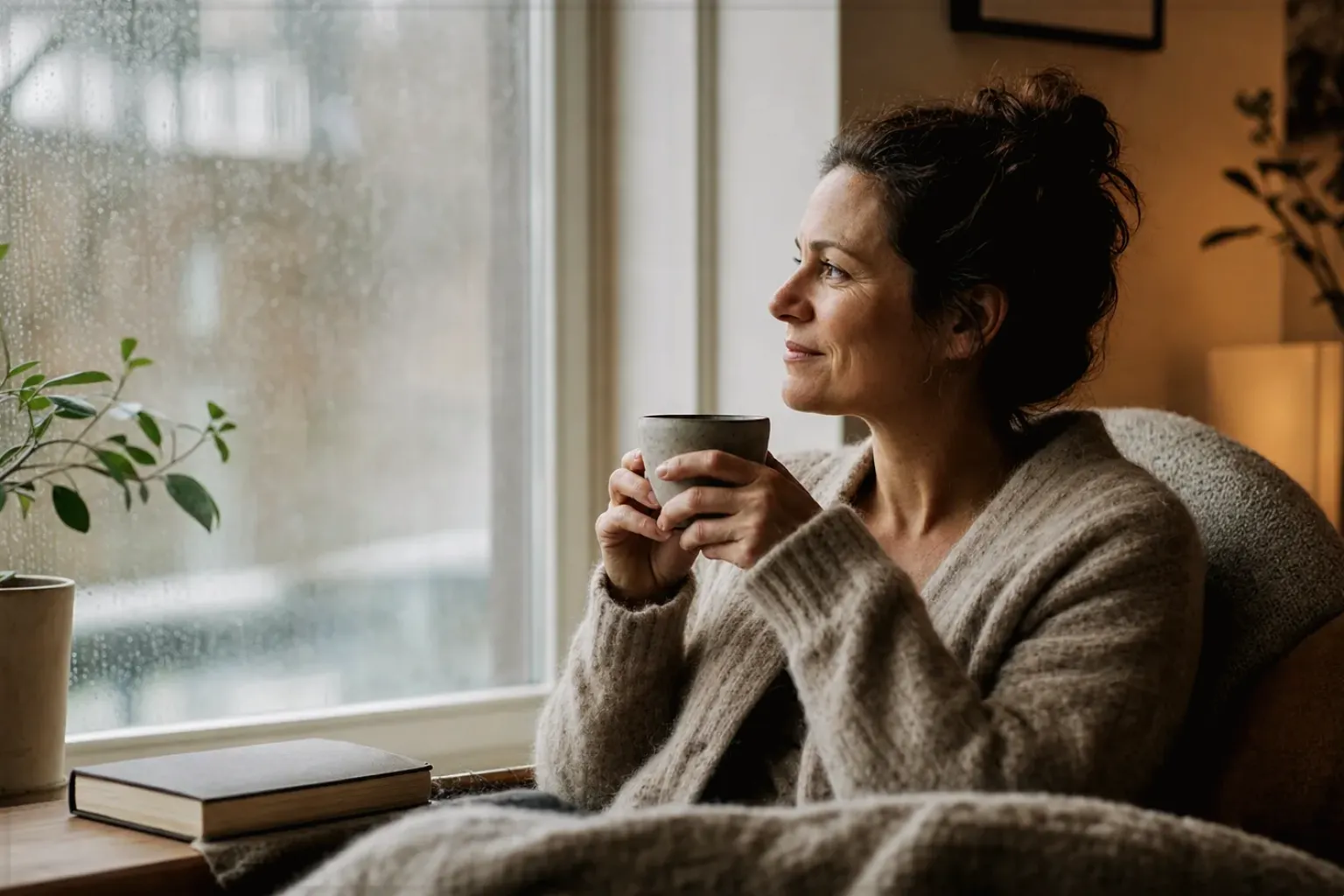 Eine Frau genießt an einem regnerischen Nachmittag ruhig eine Tasse Kaffee am Fenster – gezeigt für Handfilter im Themenvergleich.