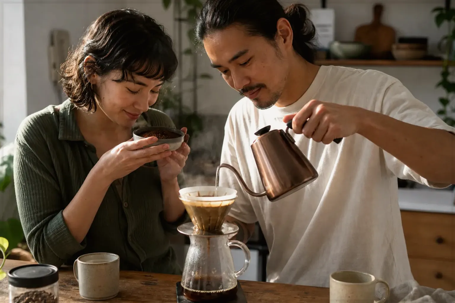 Zwei Menschen bereiten am Wochenende gemeinsam Filterkaffee mit einem Handfilter zu – gezeigt für Handfilter im Themenvergleich.