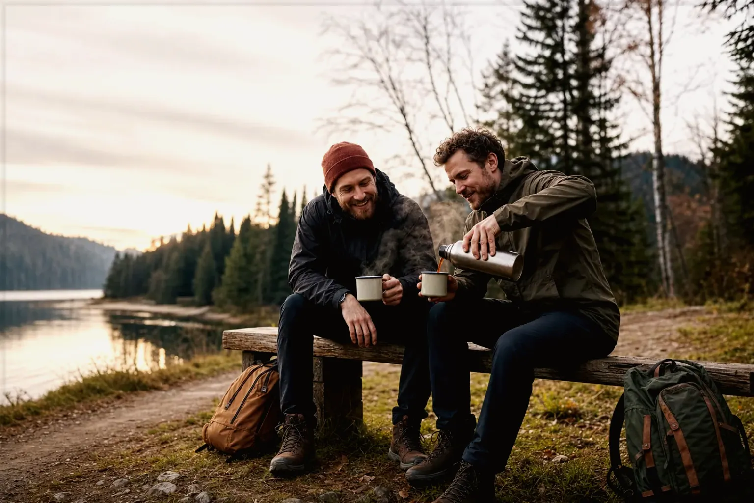 Zwei Freunde teilen auf einer Wanderung heißen Kaffee aus einer Thermoskanne am See – gezeigt für Handfilter im Themenvergleich.