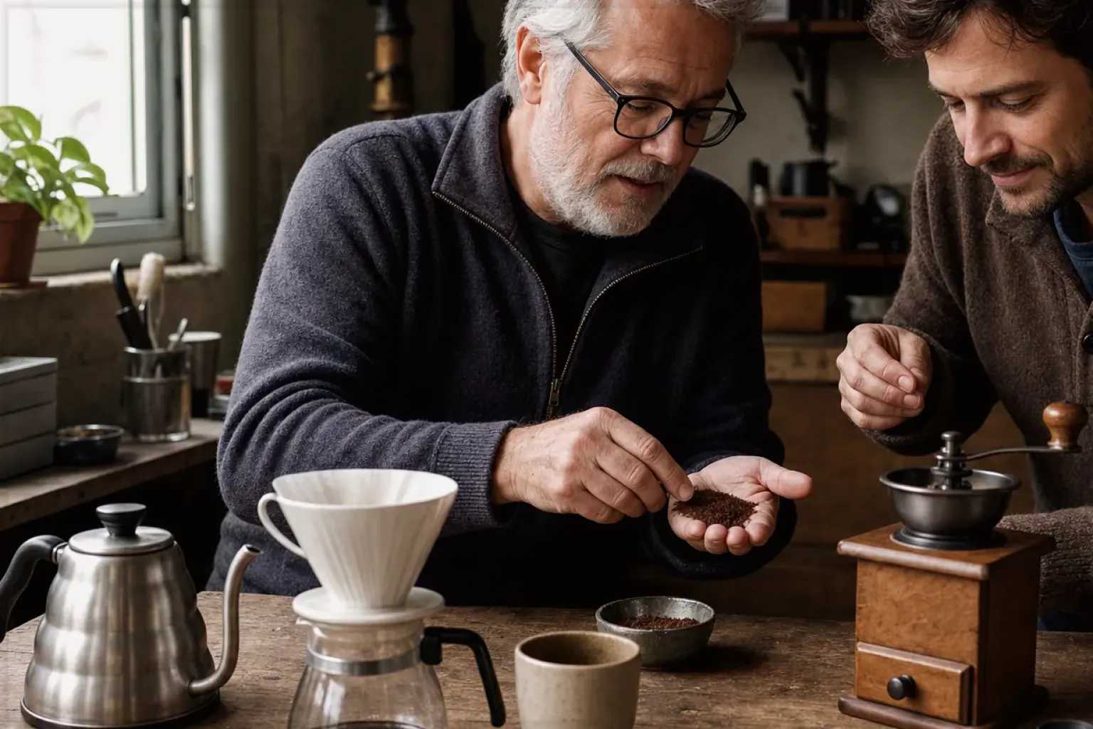 Ein älterer Kaffeeliebhaber zeigt einem jüngeren Erwachsenen gemahlenen Kaffee neben Handmühle und Filter – gezeigt für Handfilter im Themenvergleich.