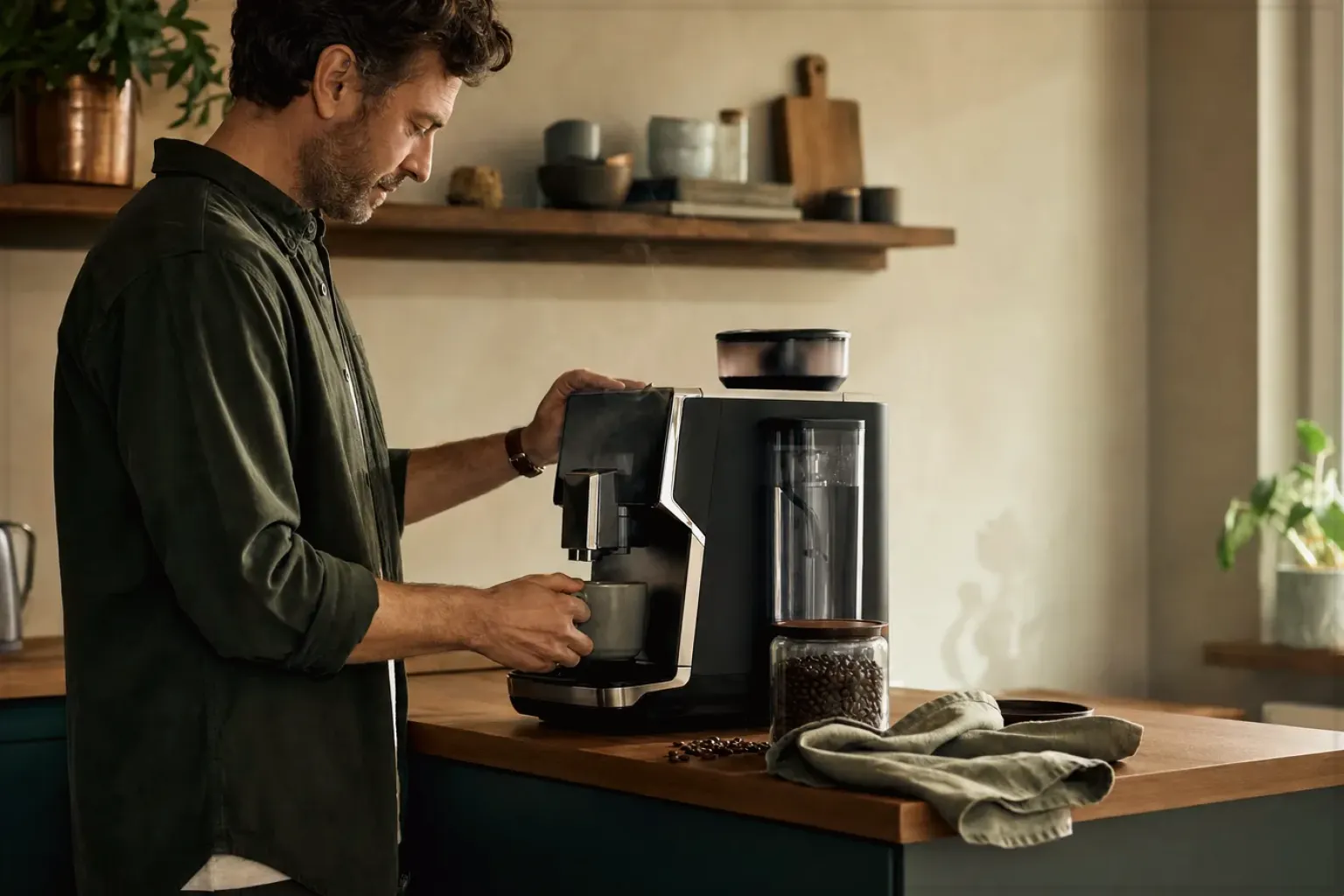 Ein Mann bereitet morgens Kaffee in seiner Küche zu – gezeigt für Handfilter im Themenvergleich.