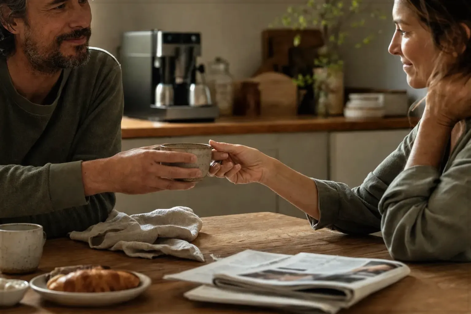 Zwei Menschen reichen sich am Küchentisch eine frisch zubereitete Tasse Kaffee – gezeigt für Handfilter im Themenvergleich.