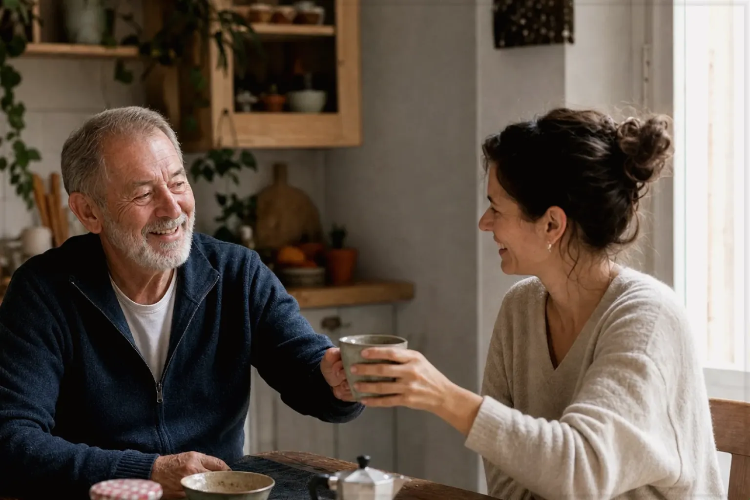 Eine erwachsene Tochter und ihr älterer Vater lachen gemeinsam beim Kaffee in ihrer Küche – gezeigt für Handfilter im Themenvergleich.