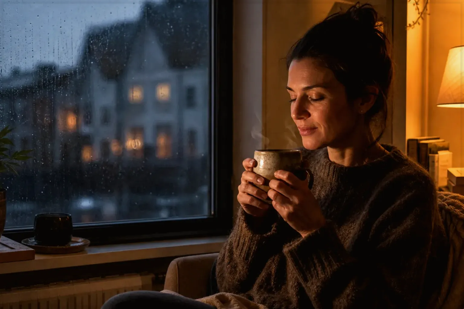 Eine Frau genießt an einem regnerischen Abend ruhig eine warme Tasse Kaffee am Fenster – gezeigt für Handfilter im Themenvergleich.
