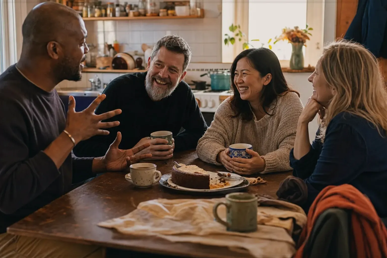Vier erwachsene Freunde lachen gemeinsam bei Kaffee und selbst gebackenem Kuchen – gezeigt für Handfilter im Themenvergleich.