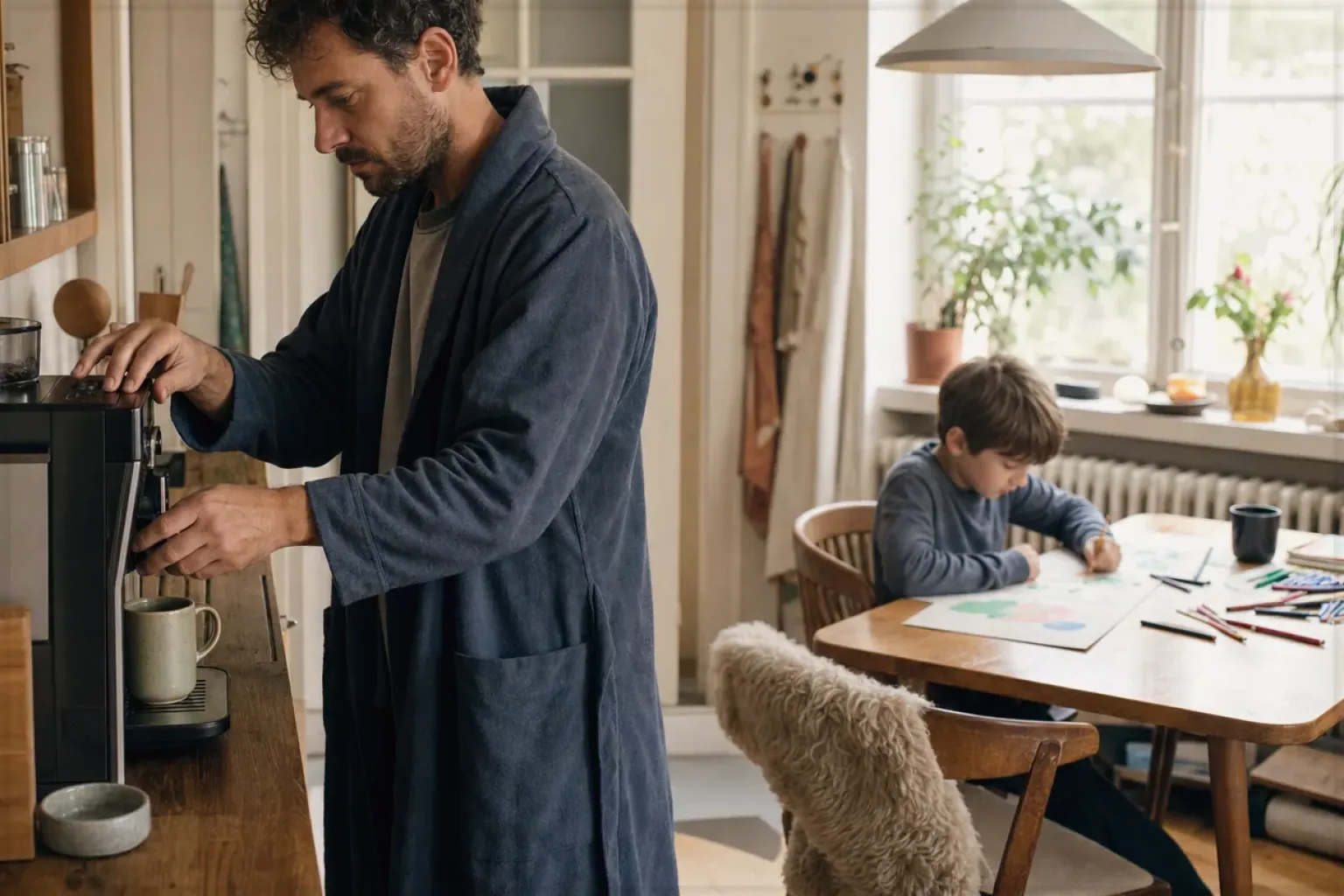 Ein Vater bereitet morgens Kaffee zu, während sein Kind am Küchentisch malt – gezeigt für Handfilter im Themenvergleich.