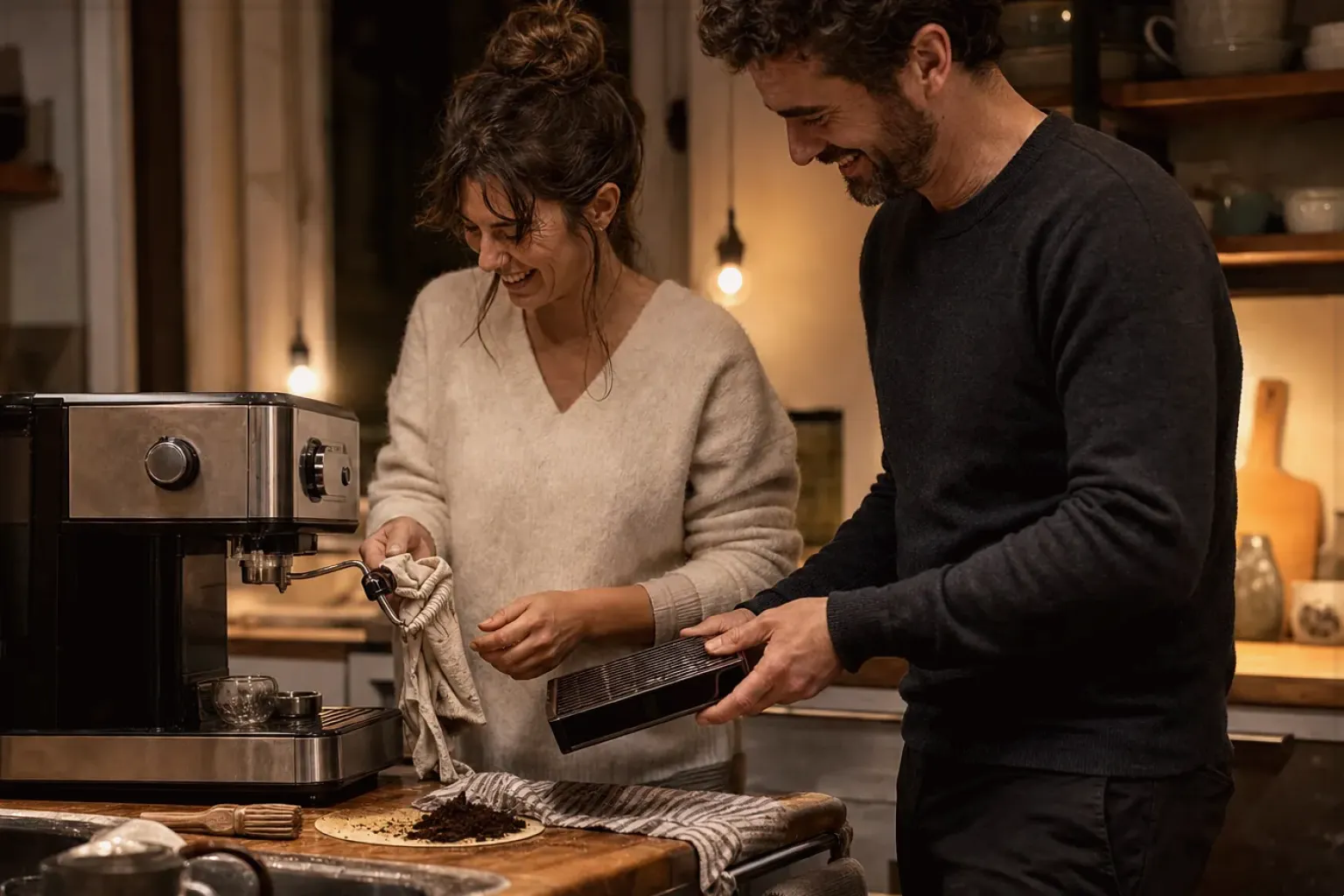 Ein Paar reinigt am Abend gemeinsam und gut gelaunt seine Espressomaschine in der Küche – gezeigt für Handfilter im Themenvergleich.