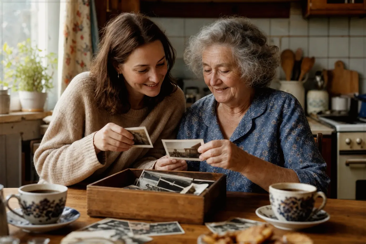 Eine ältere Frau und ihre erwachsene Enkelin betrachten bei Kaffee gemeinsam alte Familienfotos – gezeigt für Handfilter im Themenvergleich.