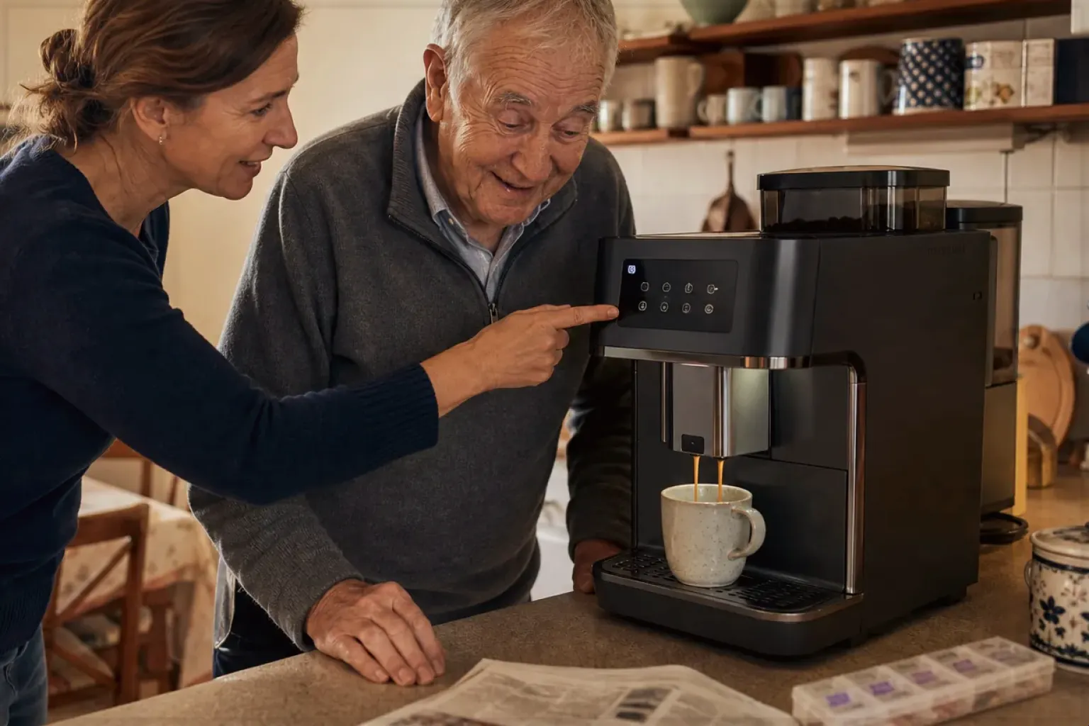 Eine erwachsene Tochter erklärt ihrem Vater verständlich die Bedienung eines Kaffeevollautomaten.