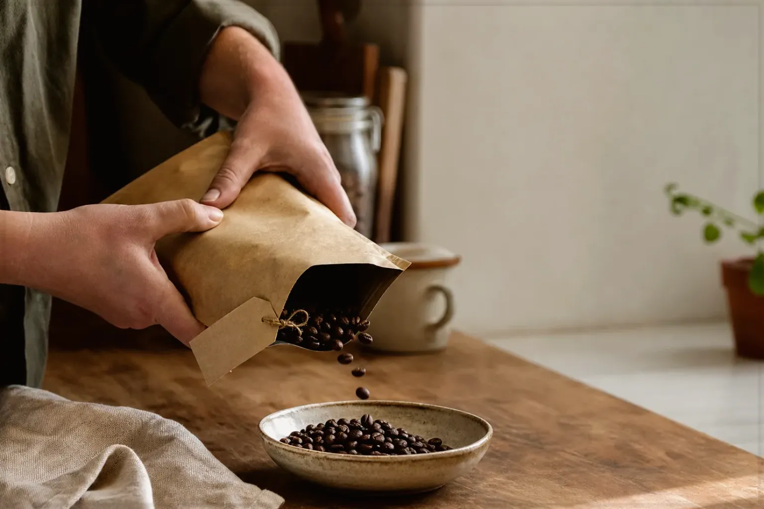 Hände füllen frisch geröstete Kaffeebohnen aus einer Papiertüte in eine Keramikschale – gezeigt für Kaffee & Bohnen im Themenvergleich.