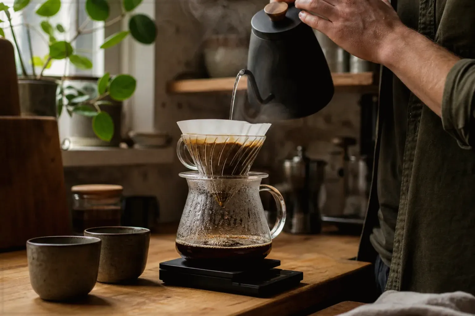 Filterkaffee wird mit einem Schwanenhalskessel von Hand in einer Küche aufgegossen – gezeigt für Kaffee & Bohnen im Themenvergleich.